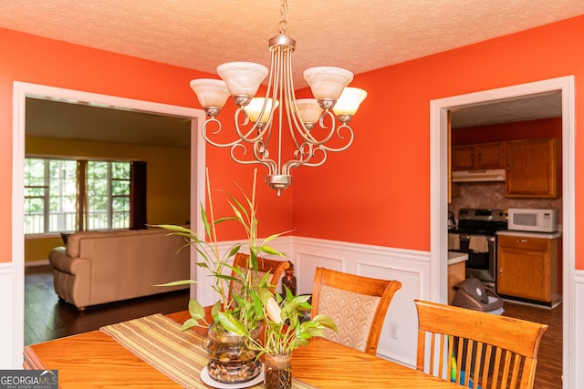 dining area featuring a chandelier, a wainscoted wall, wood finished floors, and a textured ceiling