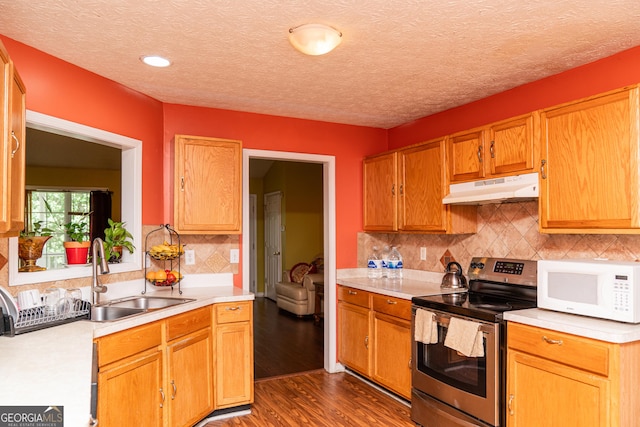kitchen featuring stainless steel electric stove, under cabinet range hood, white microwave, a sink, and light countertops