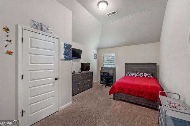 bedroom featuring carpet, baseboards, and high vaulted ceiling
