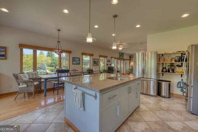 275 Everetts Vw, Blairsville, GA 30512 - kitchen featuring a sink, freestanding refrigerator, healthy amount of natural light, light tile patterned floors, and recessed lighting