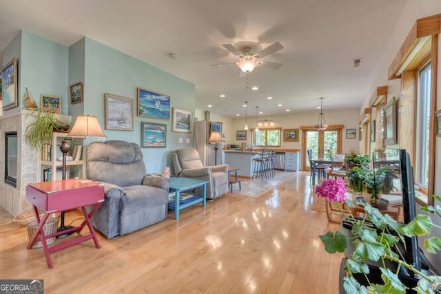 275 Everetts Vw, Blairsville, GA 30512 - living room featuring ceiling fan, wood finished floors, a high end fireplace, and recessed lighting