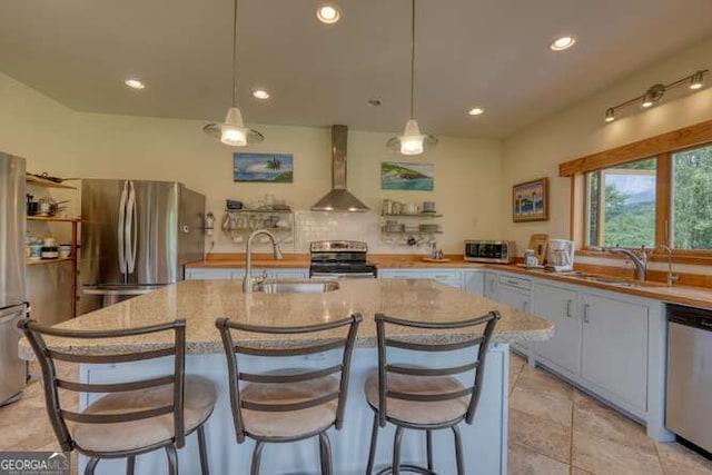275 Everetts Vw, Blairsville, GA 30512 - kitchen featuring a sink, appliances with stainless steel finishes, wall chimney range hood, recessed lighting, and a breakfast bar