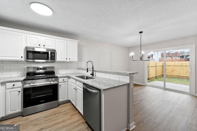 kitchen featuring stainless steel appliances, a sink, a peninsula, backsplash, and light wood finished floors