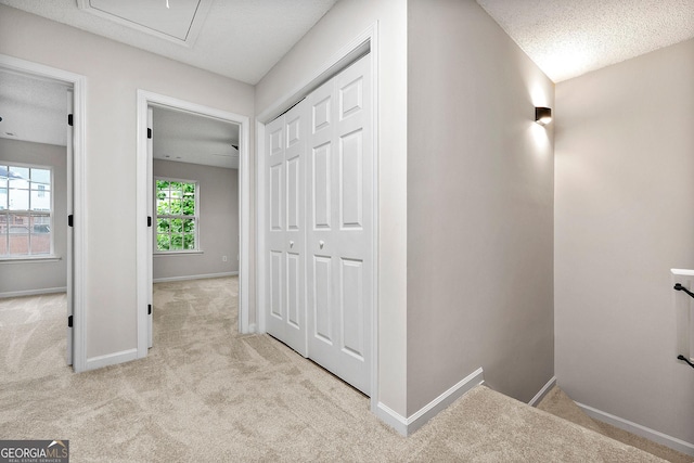 corridor featuring carpet, baseboards, and a textured ceiling