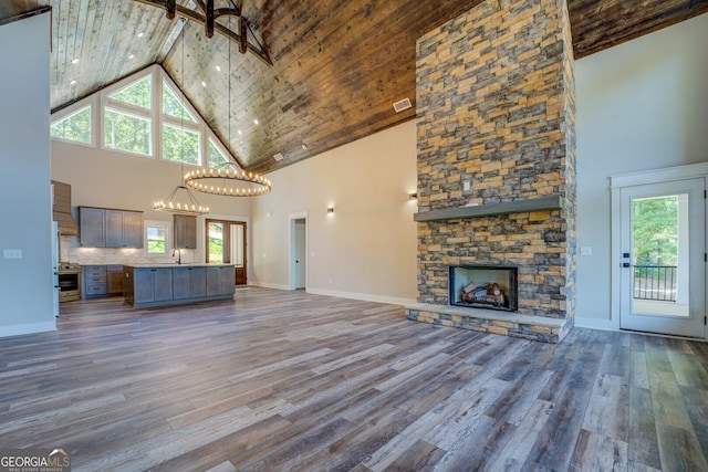 141G Lake Pines Rd, Jackson, GA 30233 - unfurnished living room with high vaulted ceiling, a chandelier, wooden ceiling, a sink, and plenty of natural light