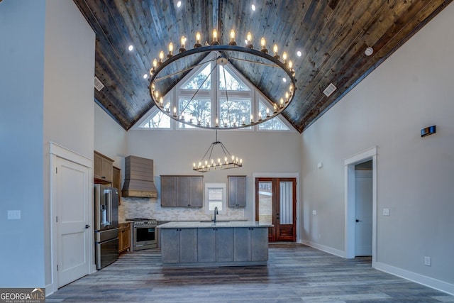 141G Lake Pines Rd, Jackson, GA 30233 - kitchen with high quality appliances, a chandelier, high vaulted ceiling, wood ceiling, and custom range hood
