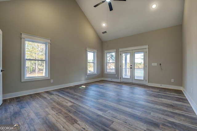 141G Lake Pines Rd, Jackson, GA 30233 - unfurnished room featuring ceiling fan, plenty of natural light, high vaulted ceiling, dark wood-style flooring, and recessed lighting