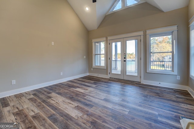 141G Lake Pines Rd, Jackson, GA 30233 - spare room with french doors, dark wood-style flooring, baseboards, recessed lighting, and high vaulted ceiling