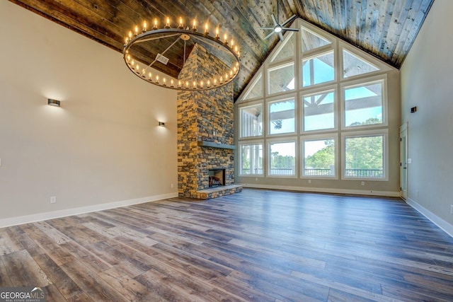 141G Lake Pines Rd, Jackson, GA 30233 - unfurnished living room featuring high vaulted ceiling, wooden ceiling, baseboards, wood finished floors, and a stone fireplace