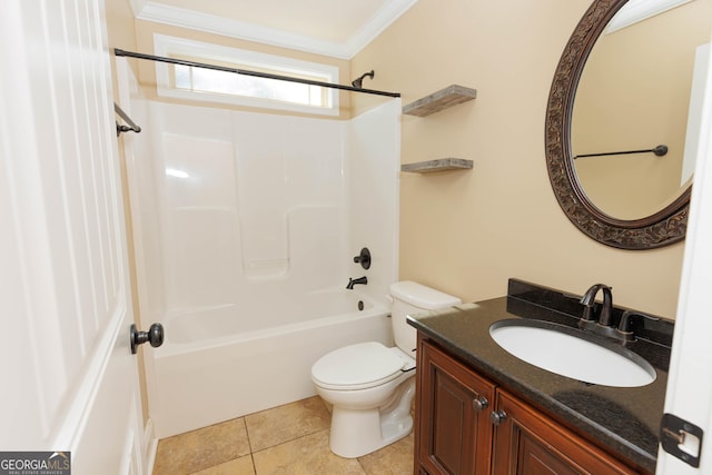 full bath featuring toilet, vanity,  shower combination, tile patterned flooring, and ornamental molding