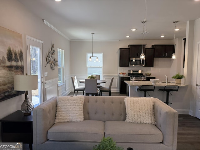 115 Vineyard Walk Lot 76, Carrollton, GA 30117 - living area with dark wood finished floors, crown molding, wainscoting, and recessed lighting
