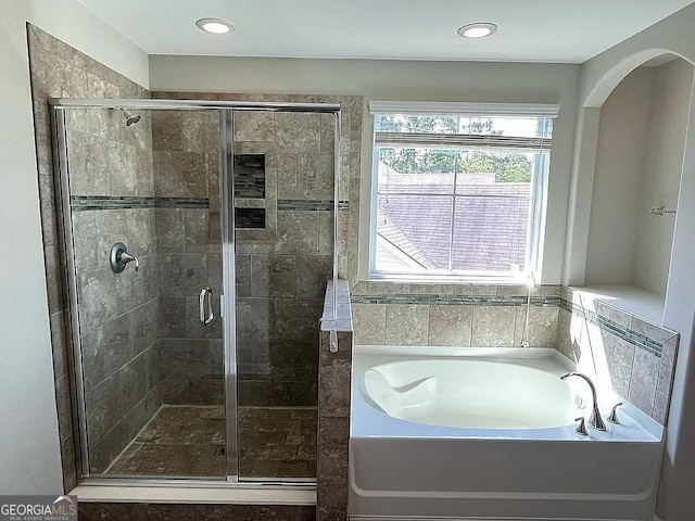 264 Harmony Blvd, Pooler, GA 31322 - bathroom with a bath, a stall shower, and recessed lighting