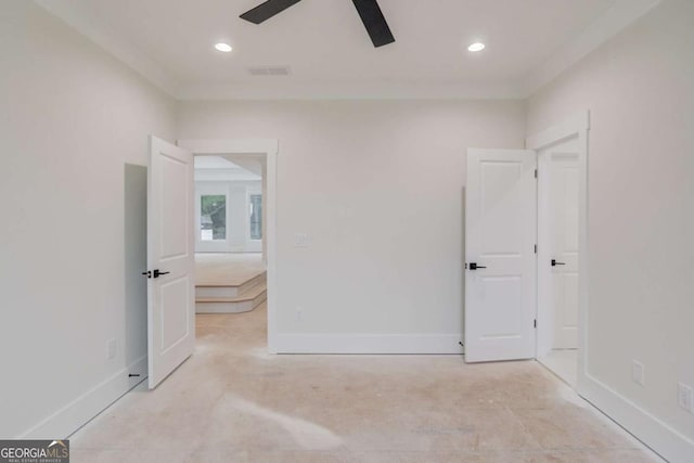 unfurnished bedroom featuring baseboards, recessed lighting, and ceiling fan
