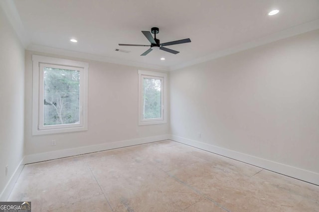 spare room featuring baseboards, ornamental molding, ceiling fan, and recessed lighting