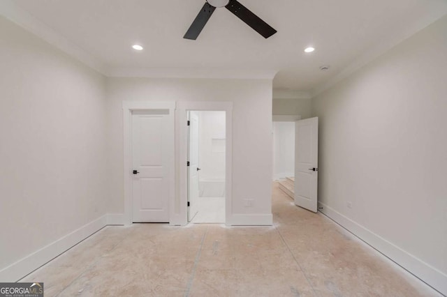 unfurnished bedroom featuring recessed lighting, ornamental molding, baseboards, ensuite bath, and ceiling fan