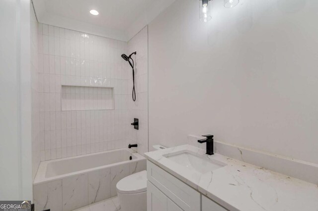 bathroom with toilet, shower / bath combination, vanity, and recessed lighting