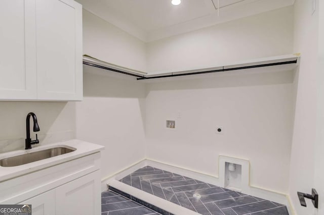 laundry room with hookup for an electric dryer, cabinet space, hookup for a washing machine, recessed lighting, and tile patterned flooring