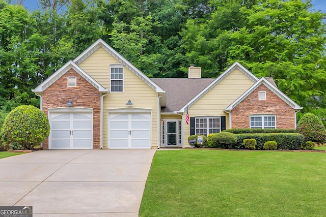 272 Blackberry Ln, Pendergrass, GA 30567 - traditional-style house featuring driveway, stone siding, a front yard, and a chimney