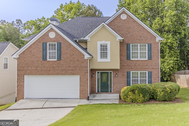 3717 Lockerbie Ln, Powder Springs, GA 30127 - traditional-style home with a garage, driveway, brick siding, a chimney, and roof with shingles