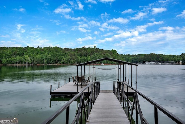 dock featuring a view of trees and a water view