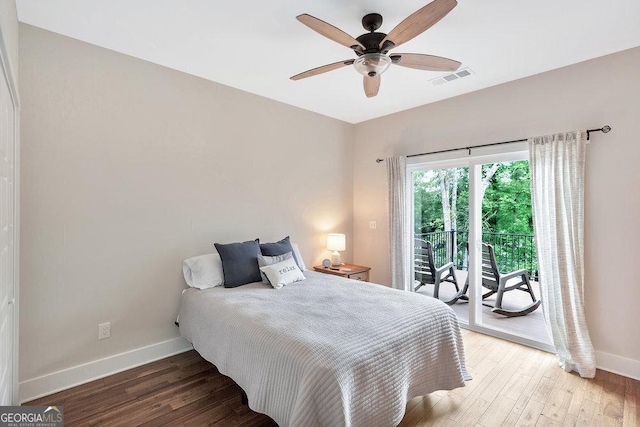 bedroom with access to exterior, baseboards, light wood-style flooring, and ceiling fan