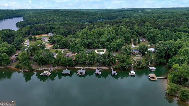 aerial view of property and surrounding area featuring a heavily wooded area and a nearby body of water