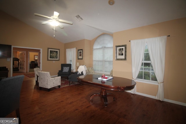 3024 Orchard Ridge Cir, Duluth, GA 30096 - dining room with vaulted ceiling, wood finished floors, and a ceiling fan