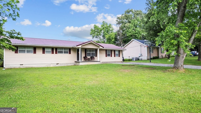 254 Merilyn Dr, Ringgold, GA 30736 - ranch-style house with crawl space, a front yard, metal roof, central AC unit, and covered porch