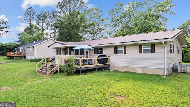 254 Merilyn Dr, Ringgold, GA 30736 - rear view of house featuring a sunroom, a wooden deck, metal roof, and cooling unit