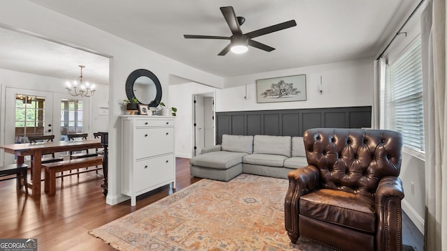 254 Merilyn Dr, Ringgold, GA 30736 - living area featuring a chandelier, a ceiling fan, and wood finished floors