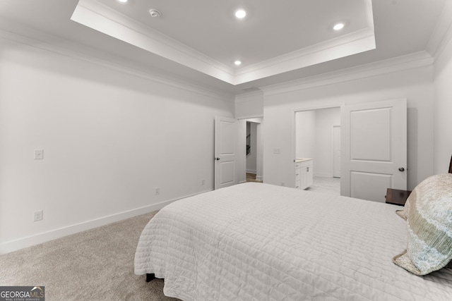207 Hickory Bluffs Pkwy, Canton, GA 30114 - carpeted bedroom featuring a tray ceiling, crown molding, recessed lighting, ensuite bath, and baseboards