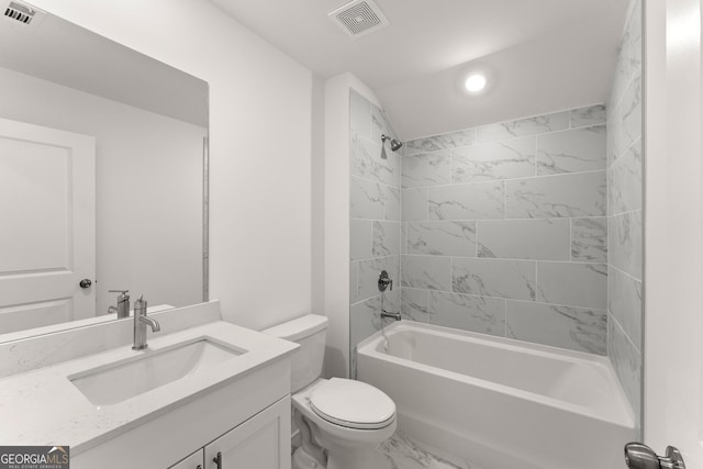 207 Hickory Bluffs Pkwy, Canton, GA 30114 - bathroom with marble look tiles,  shower combination, vanity, toilet, and recessed lighting