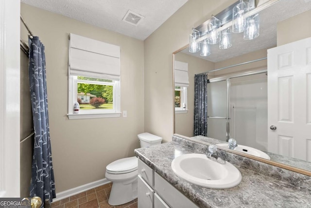 2620 Dr Bramblett Rd, Cumming, GA 30028 - bathroom with baseboards, curtained shower, toilet, vanity, and a textured ceiling