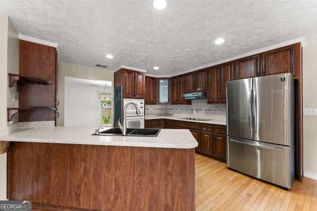 2620 Dr Bramblett Rd, Cumming, GA 30028 - kitchen featuring freestanding refrigerator, open shelves, a peninsula, black electric cooktop, and under cabinet range hood