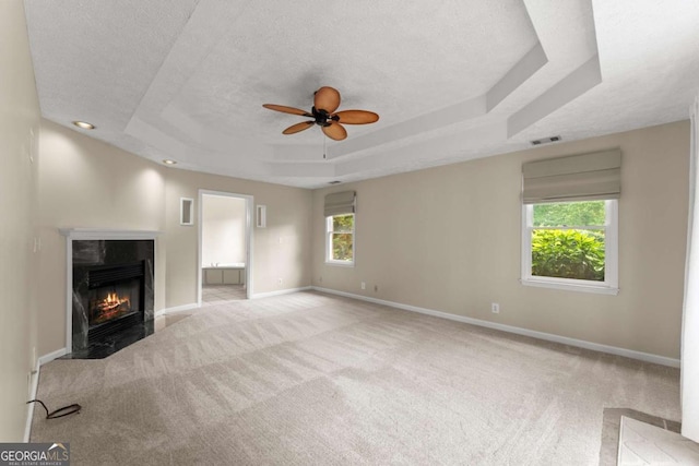 2620 Dr Bramblett Rd, Cumming, GA 30028 - unfurnished living room with a raised ceiling, carpet flooring, baseboards, plenty of natural light, and a textured ceiling