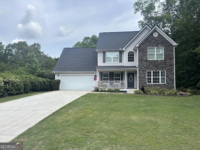 view of front of home featuring a porch, stone siding, an attached garage, concrete driveway, and a front lawn