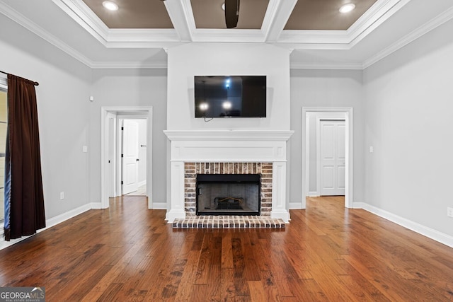 4227 Tillman Blf, Valdosta, GA 31602 - unfurnished living room featuring wood finished floors, a fireplace, crown molding, baseboards, and recessed lighting