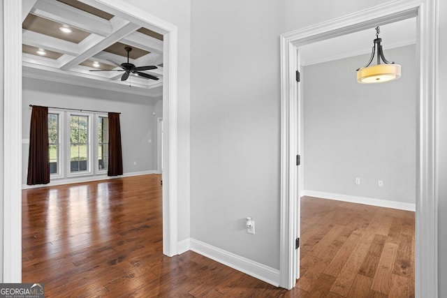 4227 Tillman Blf, Valdosta, GA 31602 - hallway featuring crown molding, baseboards, beamed ceiling, coffered ceiling, and wood finished floors
