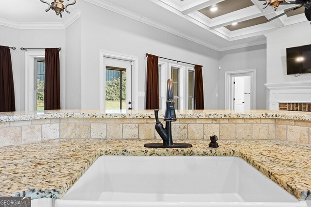 4227 Tillman Blf, Valdosta, GA 31602 - detailed view of a sink, ornamental molding, coffered ceiling, beamed ceiling, and light stone countertops
