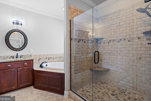 4227 Tillman Blf, Valdosta, GA 31602 - bathroom featuring ornamental molding, a shower stall, a garden tub, tile patterned flooring, and vanity