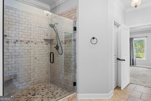 4227 Tillman Blf, Valdosta, GA 31602 - full bathroom with crown molding, a shower stall, tile patterned flooring, and baseboards