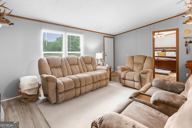 2021 Wyche Cir, Elberton, GA 30635 - living room featuring ornamental molding, vaulted ceiling, wood finished floors, and a textured ceiling