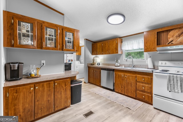 2021 Wyche Cir, Elberton, GA 30635 - kitchen with dishwasher, white electric range oven, under cabinet range hood, brown cabinets, and a textured ceiling
