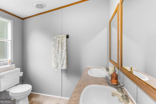 2021 Wyche Cir, Elberton, GA 30635 - bathroom with toilet, ornamental molding, a textured ceiling, and double vanity