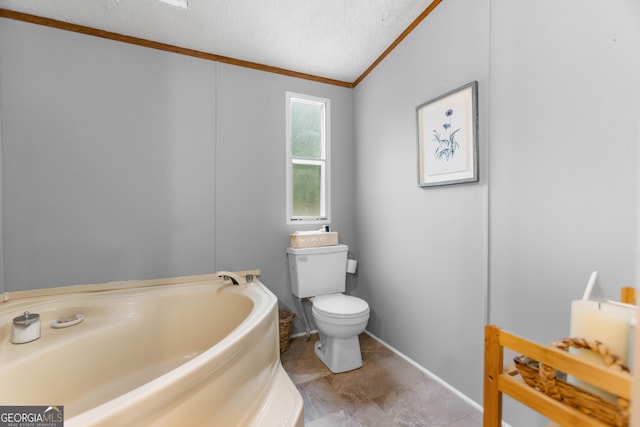 2021 Wyche Cir, Elberton, GA 30635 - full bathroom with ornamental molding, a garden tub, a textured ceiling, toilet, and baseboards