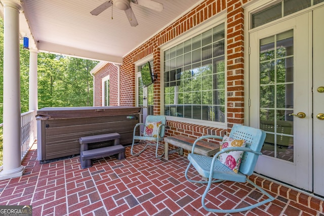 490 Water Wheel Ct, Cornelia, GA 30531 - view of patio with a hot tub, a ceiling fan, covered porch, and french doors