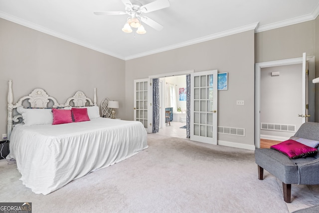 490 Water Wheel Ct, Cornelia, GA 30531 - carpeted bedroom featuring ornamental molding, french doors, baseboards, ceiling fan, and connected bathroom