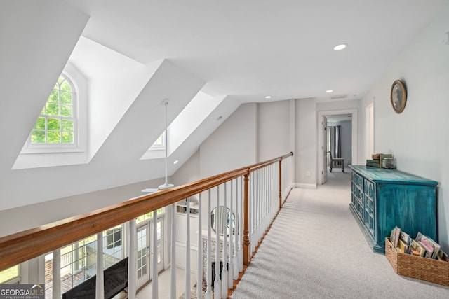 490 Water Wheel Ct, Cornelia, GA 30531 - hall featuring a skylight, carpet, recessed lighting, and lofted ceiling