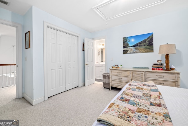 490 Water Wheel Ct, Cornelia, GA 30531 - bedroom featuring attic access, carpet flooring, baseboards, a closet, and connected bathroom