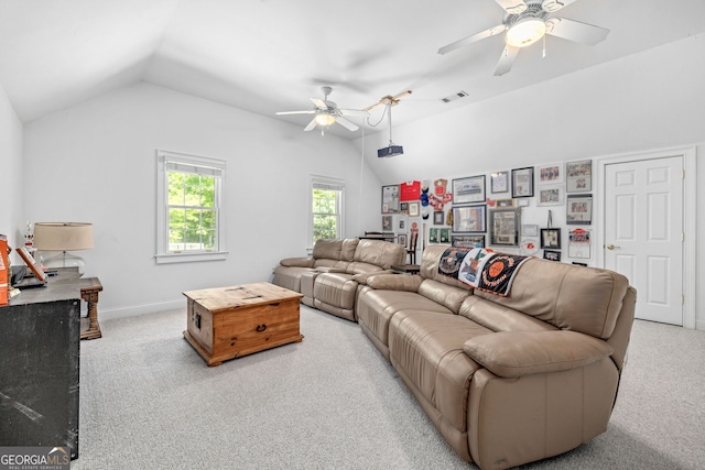 490 Water Wheel Ct, Cornelia, GA 30531 - living room featuring vaulted ceiling, a ceiling fan, and carpet floors